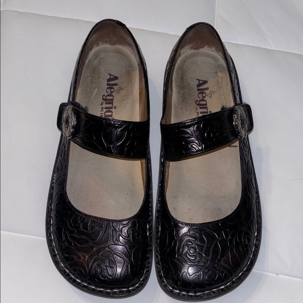 Alegria Black Embossed Floral Mary Jane Shoes